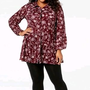 Style & Co Women Top Tunic 3X Burgundy White Floral Button Front LS BOHO…
